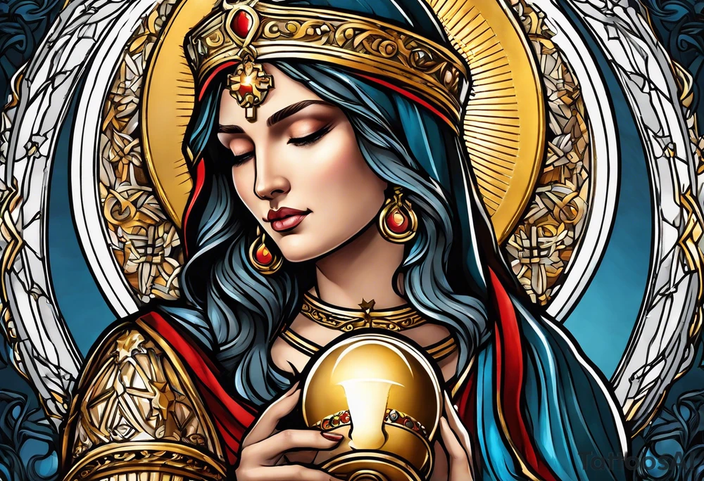 holy saint woman with golden halo holding a chalice tattoo idea