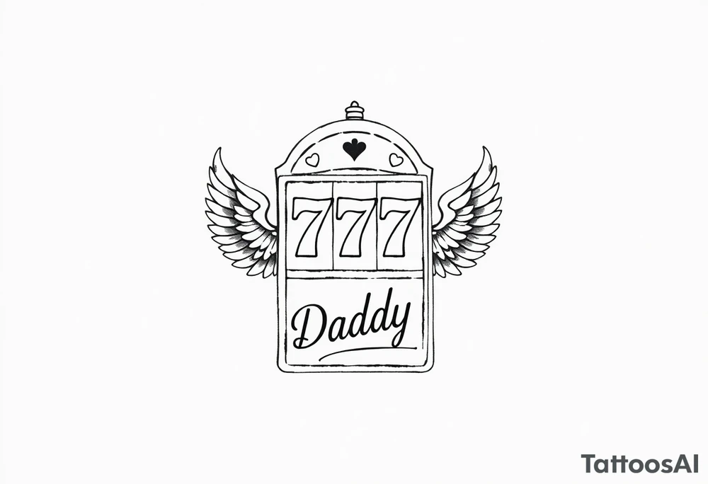 Slot machine with 777 and the word Daddy with angel wings tucked tattoo idea