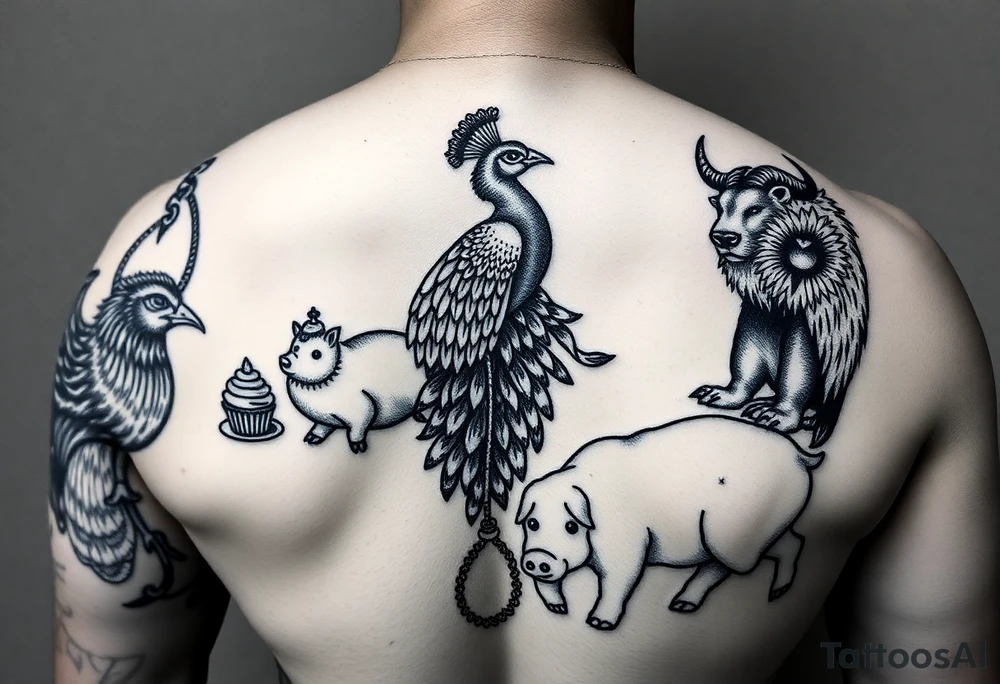fat naked sexy woman , peacock , pig ,cakes, liquor, cigerette, Storm clouds, pig, peacock , fat sexy naked fat woman, cupcakes, noose , money, goat lion, couple having sex, cigerette storm lightening, killing, darkness death, violent majestic creatures tattoo idea