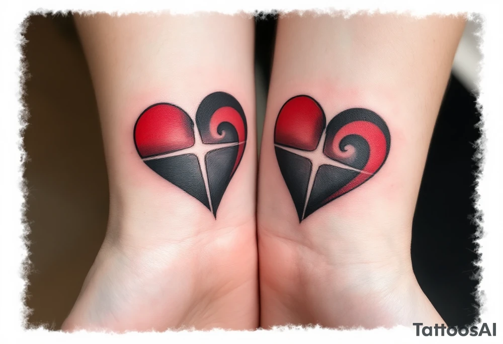 Two half-heart tattoos in black with red tips that form a full heart when partners wrists are side by side tattoo idea