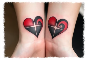 Two half-heart tattoos in black with red tips that form a full heart when partners wrists are side by side tattoo idea