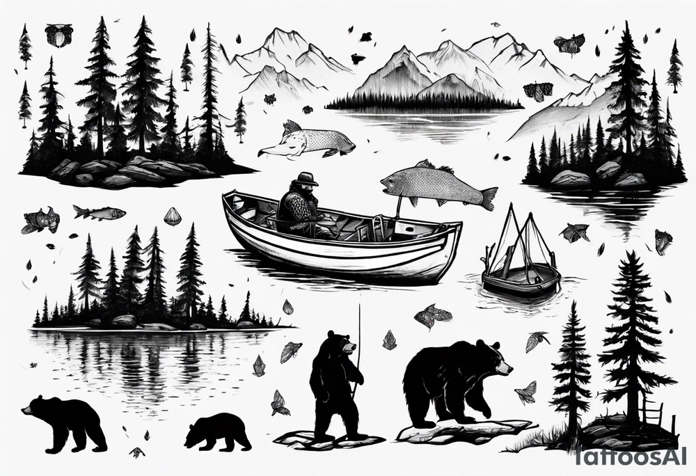 bear, forest, lake, small man on a fishing boat, appalachia tattoo idea