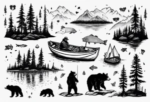 bear, forest, lake, small man on a fishing boat, appalachia tattoo idea