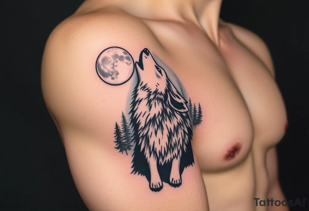 lone wolf howling at full moon with northern lights backdrop tattoo idea