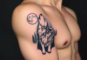 lone wolf howling at full moon with northern lights backdrop tattoo idea