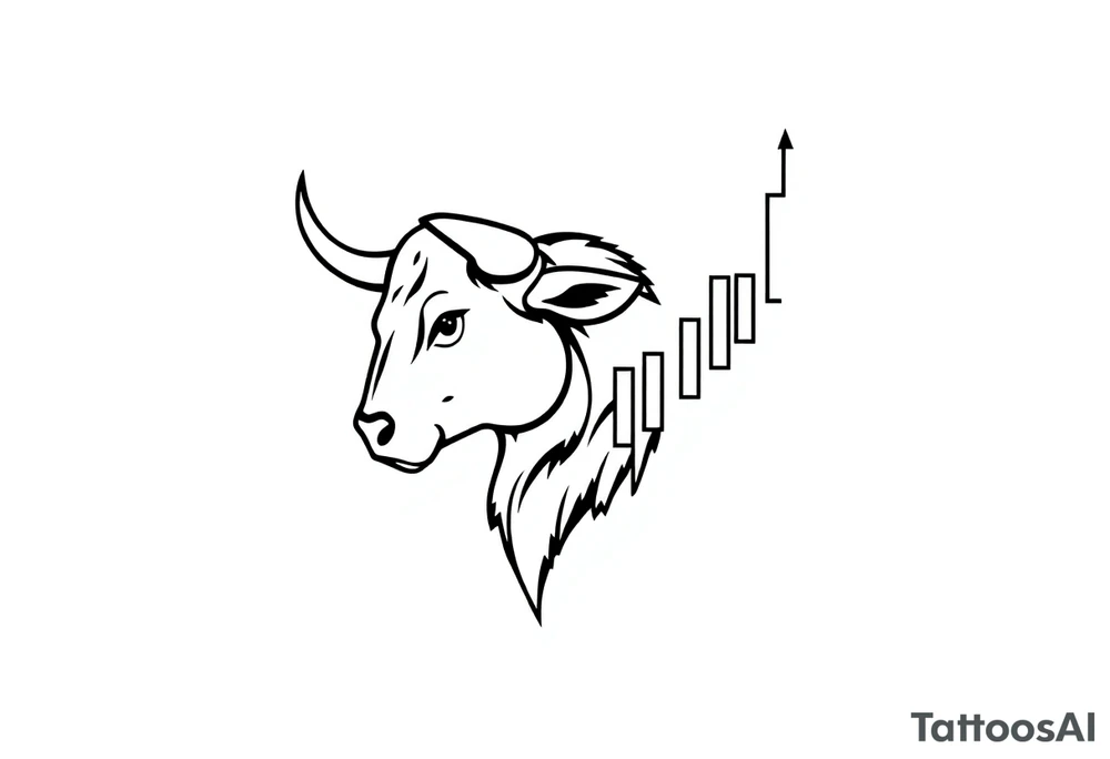 Create a minimalist black line tattoo of a bull’s head that transitions into an upward-trending candlestick stock chart. The design should have clean, fluid lines and combine the bull’s face and horns on the left, with the candlestick chart rising to the right, forming the shape of the bull’s jaw/neck. Keep the style simple and elegant, suitable for a forearm or upper arm tattoo.” tattoo idea
