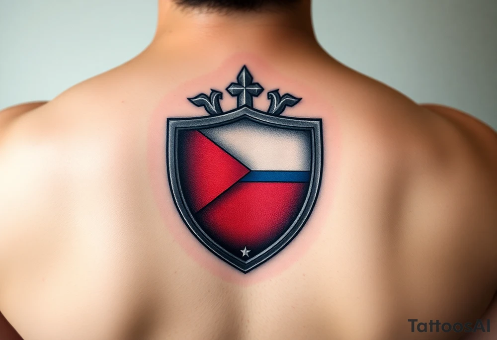 A Czech flag inside a shield emblem, with metallic textures enhancing its strength and durability tattoo idea