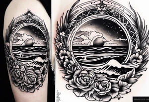 A balck tattoo for my shoulder with time and a date for my so 25.05.16 and a wave of beach about life tattoo idea