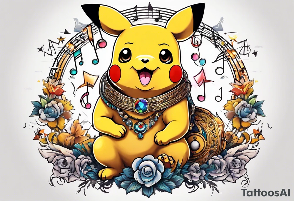 pickachu sitting on a lion listening to music with music notes and thunder bolts tattoo idea