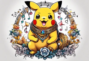 pickachu sitting on a lion listening to music with music notes and thunder bolts tattoo idea