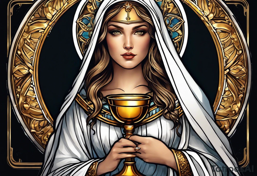 woman saint holding chalice surrounded by golden halo tattoo idea