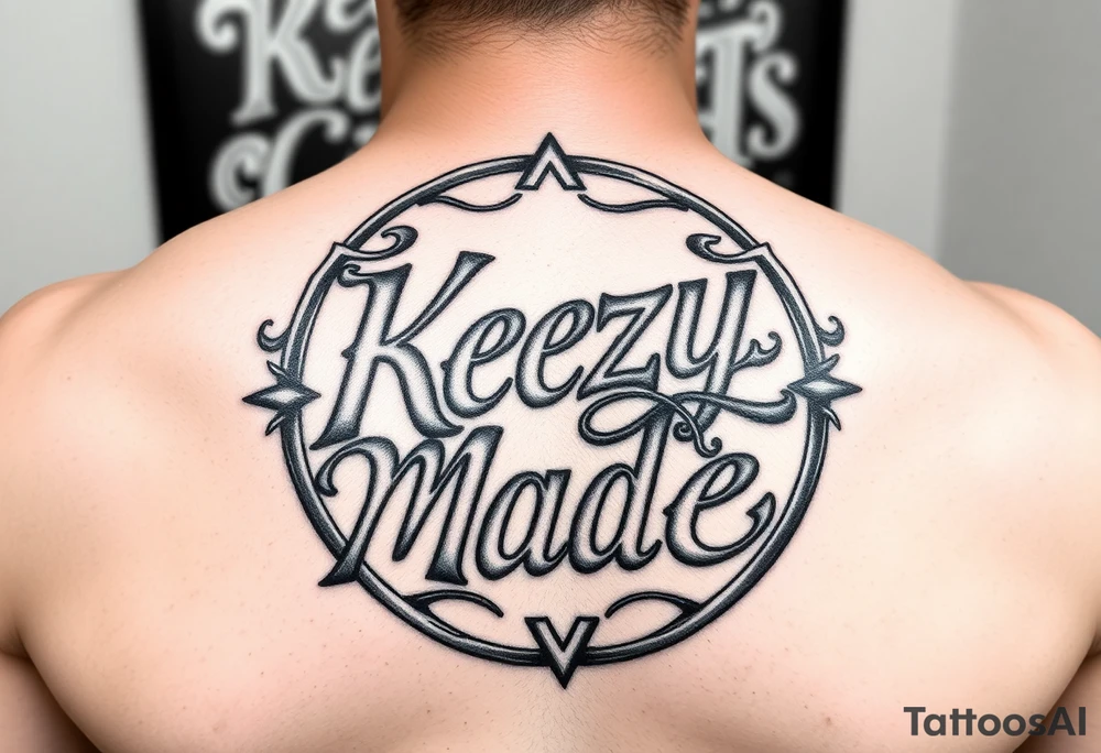 Just the lettering nothing around background or addons fancy but rugged twisted and intertwined circular arched curvy lettering in a circular  that would be clothing brand style that says (KeezY MadE) tattoo idea