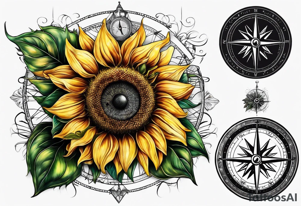 Sunflower next to a compass tattoo idea