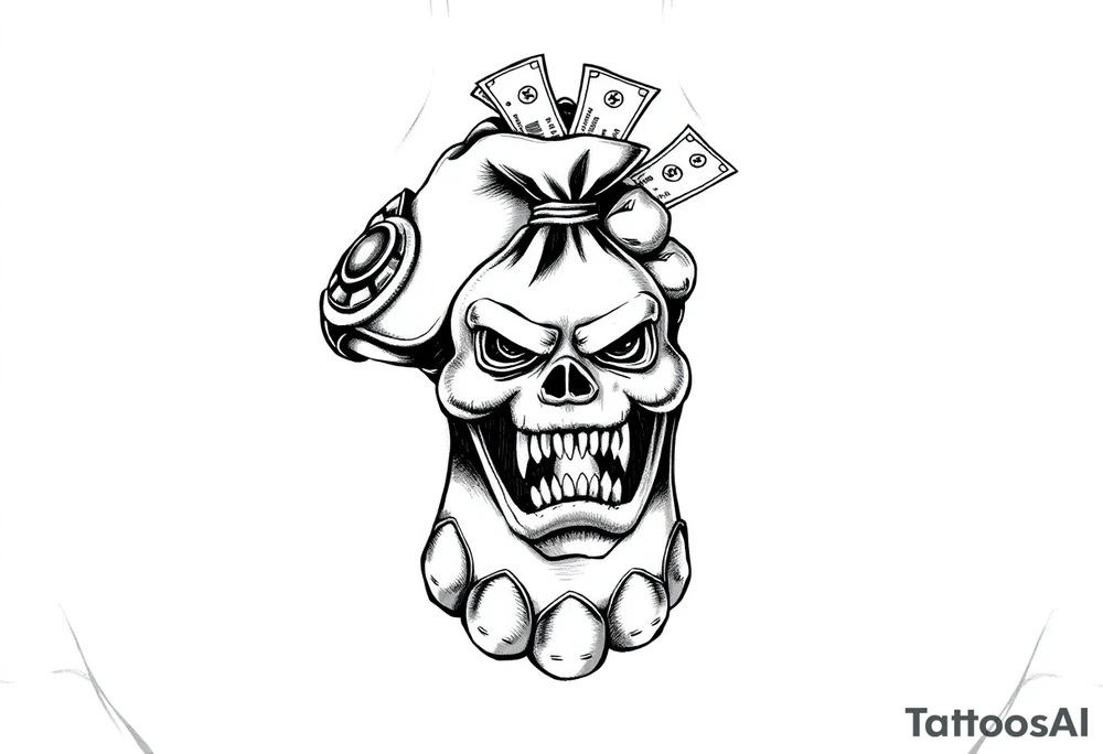 Infinity gauntlet holding a money bag that has a face and sharp teeth with money coming out the top tattoo idea
