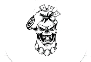 Infinity gauntlet holding a money bag that has a face and sharp teeth with money coming out the top tattoo idea