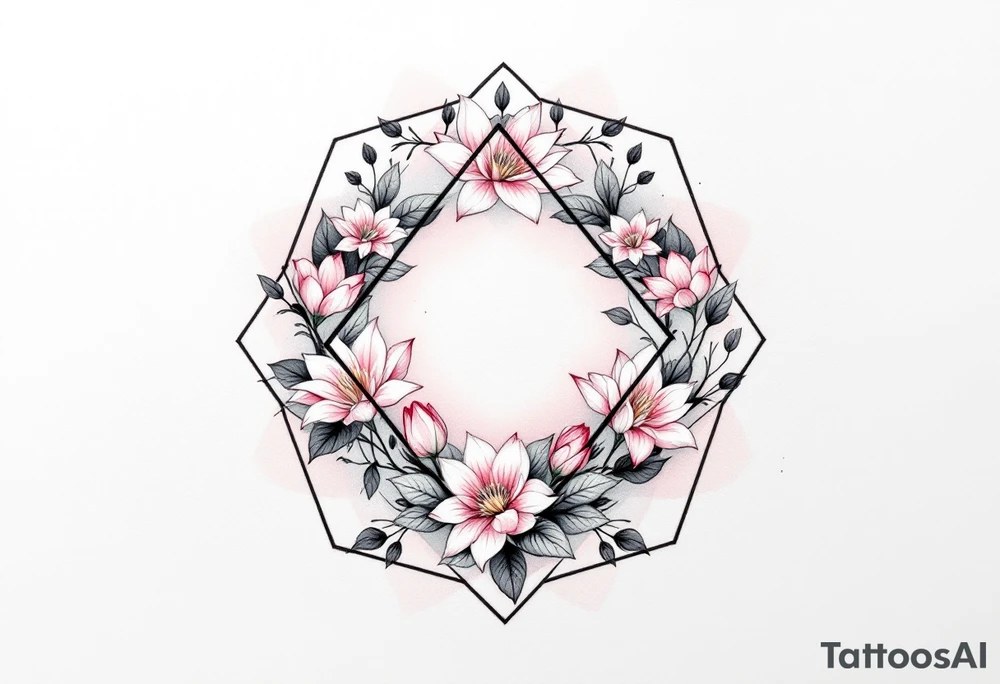 Faint Hexagon with Leo, larkspur and water lilies in the center tattoo idea