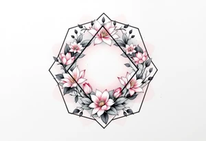 Faint Hexagon with Leo, larkspur and water lilies in the center tattoo idea