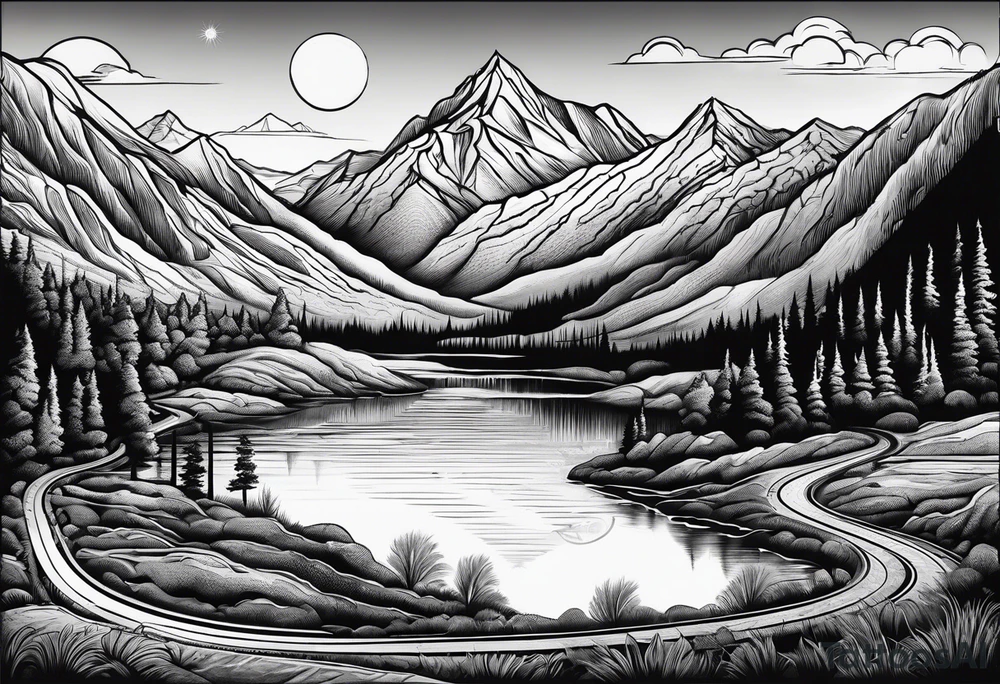 mountains, road, lake, yurt, sun tattoo idea