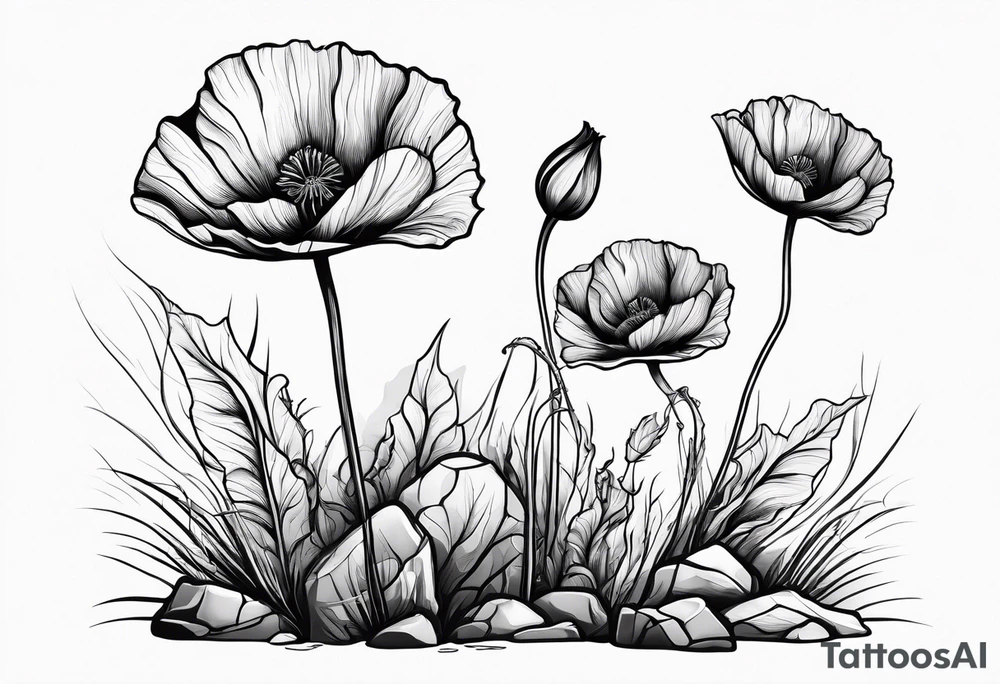 Powerful poppy plant growing out of sharp rock tattoo idea