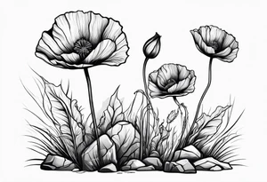 Powerful poppy plant growing out of sharp rock tattoo idea