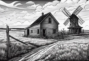 An old oklahoma farmhouse being swept away in a tornado.  In the landscape there is an old windmill in the distance and a Scissortail flycatcher perched on a fence. tattoo idea