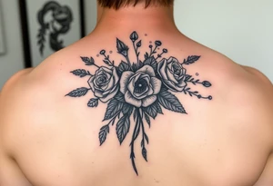 vintage bouquet of wild roses and meadow flowers with morning dew tattoo idea