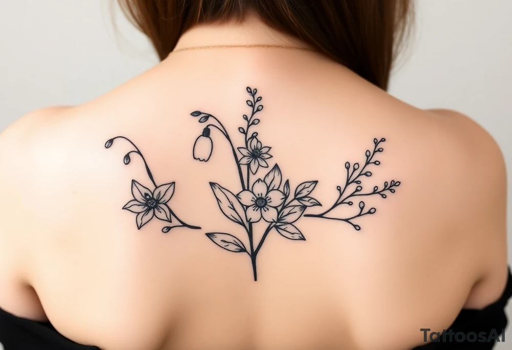 Simple small design in black bunch of flowers 1 lily of the valley 1 daffodil 1 holly 1 larkspur tattoo idea