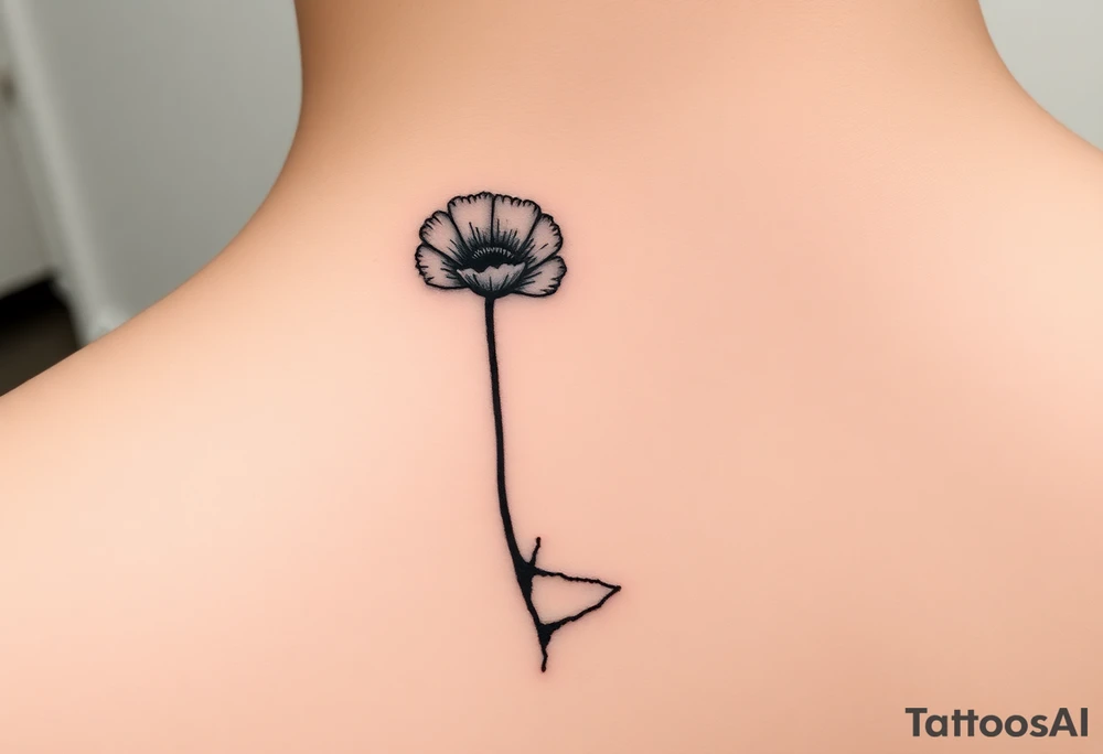One line only drawing, artsy style, poppy growing up from cracks in pavement, red airbrush on poppy only, back of ankle/heel or back of upper arm, more artistic rendering of cracks, very minimal/simplistic design tattoo idea