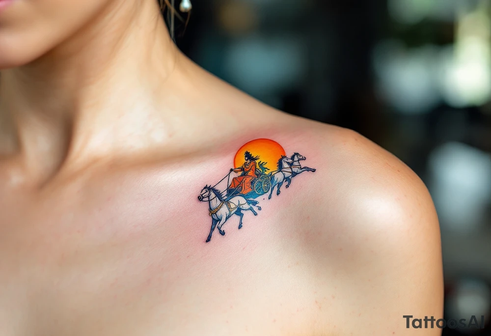 Dazhbog – A radiant sun god in fiery orange and yellow robes, riding a chariot pulled by white horses across a sky split in blue and scarlet. tattoo idea