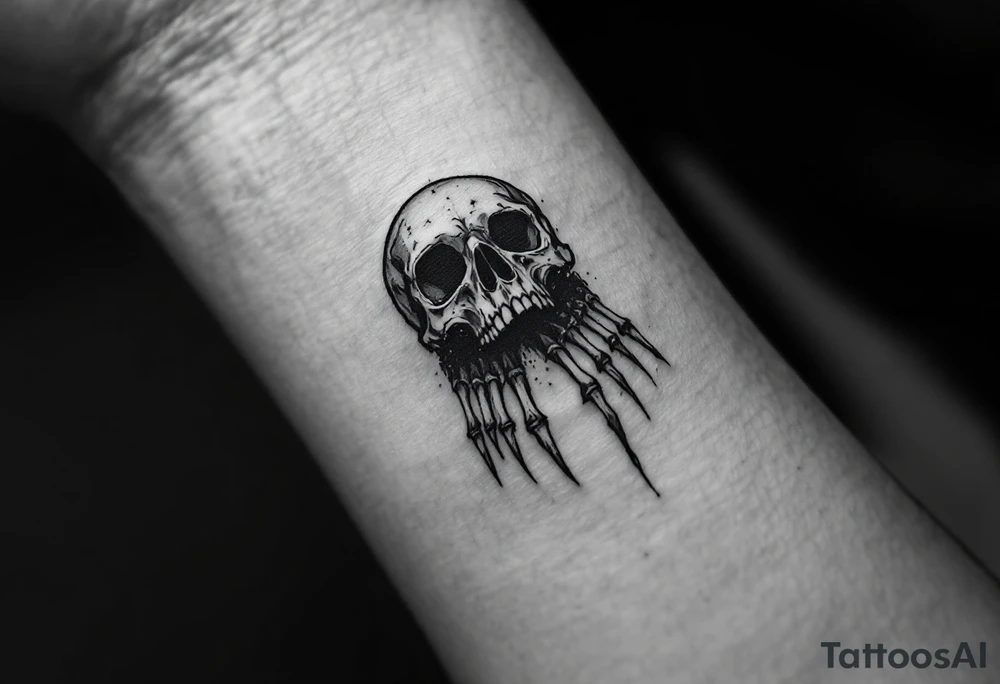 Crow Skeleton – An anatomical tattoo of a crow skeleton, done in fine line style with minimal gray shading and a soft ink wash effect. tattoo idea
