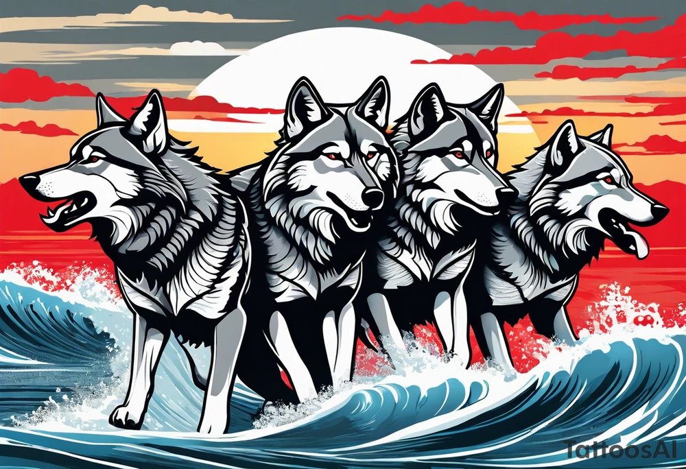 a pack of howling muscular  gray wolves surfing with a tropical background with red white and black and gray tattoo idea