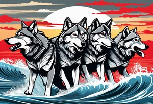 a pack of howling muscular  gray wolves surfing with a tropical background with red white and black and gray tattoo idea
