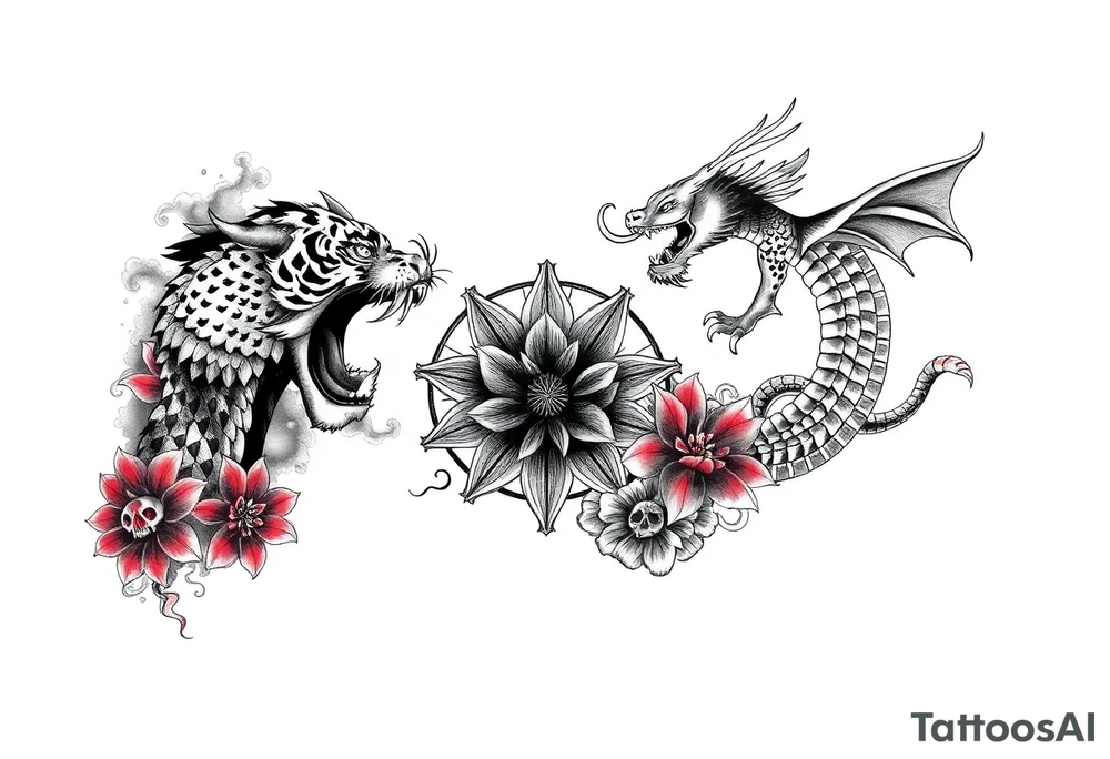 Dragon flying up on right side, tiger with skulls crawling down on left, centered kanji tattoo (red), big red spider lilies in background, smoke/cloud effects. Outer forearm sleeve tattoo idea