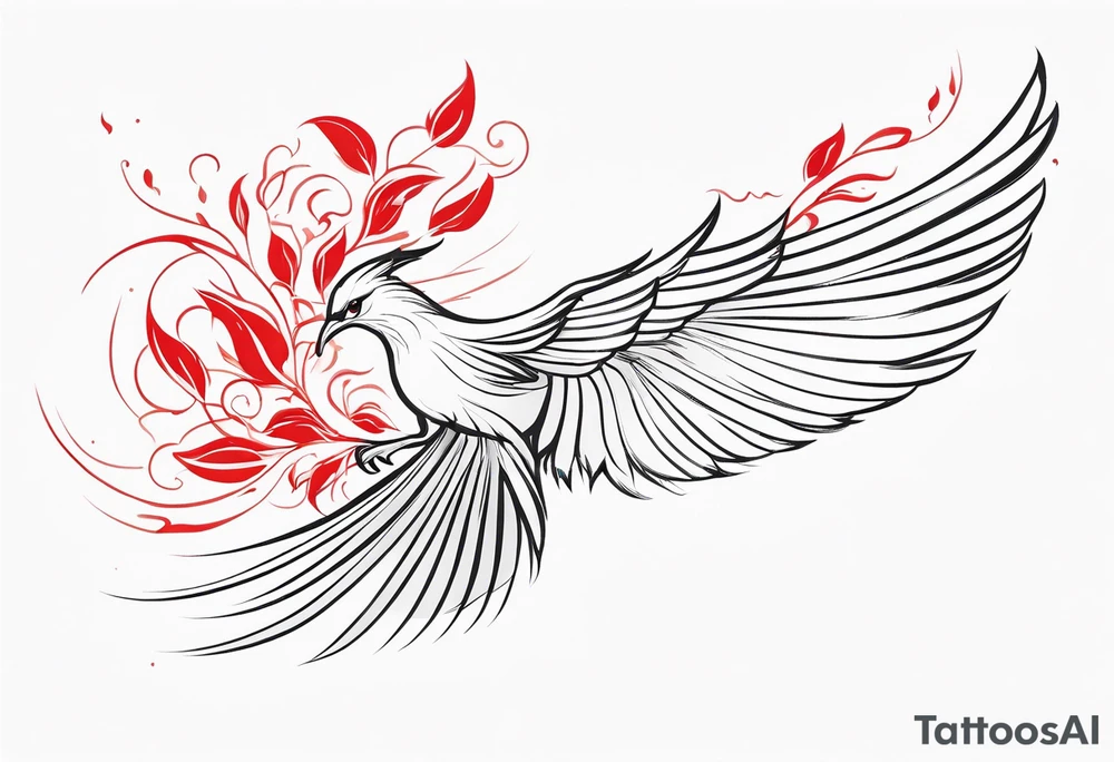 elongated phoenix in flight
in profile with claws holding red flowers falling tattoo idea