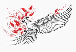 elongated phoenix in flight 
in profile with claws holding red flowers falling tattoo idea