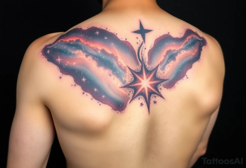 Beautiful and epic 3d milky way that appears to be what is beneath the skin. Make it drape over the shoulder and move to the middle back. use negative spaces to create stars and dust. Incorporate God breathing life into the universe. Keep it symmetrical tattoo idea