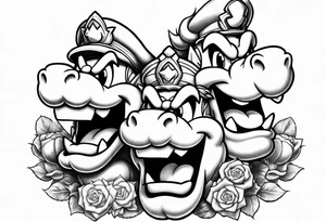 bowser holding Mario and Luigi severed heads with princess peach by bowsers side tattoo idea