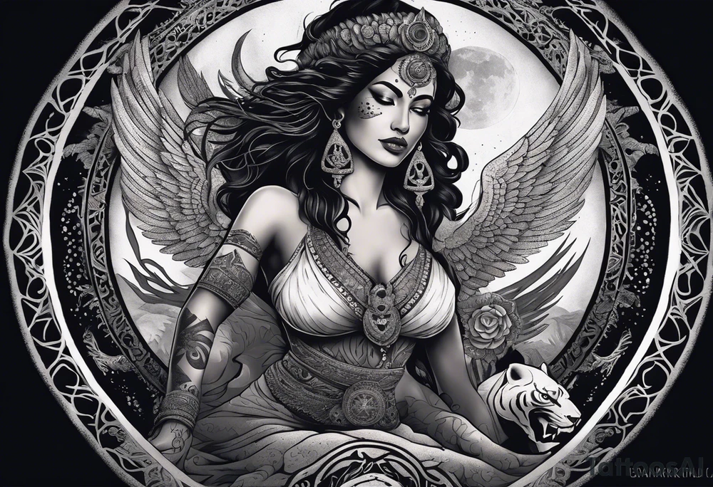 black kali, goddess pirate, alien, angel, pachamama, valkrye, warrior, flying, skull, lotus azul, wing, eagle, zenza resonance, stars, 5D, anahata chakra, death, durga, riding on a tiger, flying lady, kundalini, chest tatoo, samuri, rebel,s erpent tattoo idea