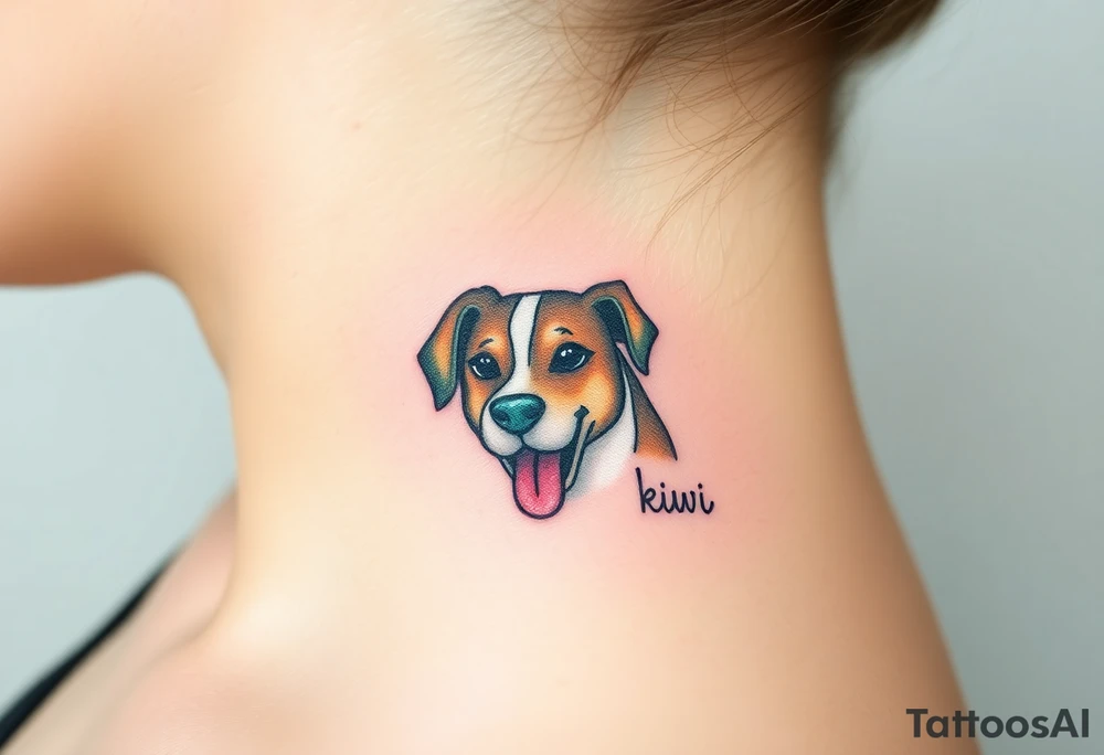 One line tattoo of female dog with white strip going up dog’s snout slightly off centered. With  the dogs tongue slightly out and the name kiwi and an Aquarius them to it . Just the colors black  white brown and green tattoo idea