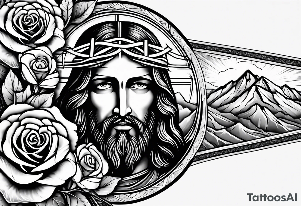 make a forearm sleeve that portraits Jesus Christ cross and mountains with roses tattoo idea
