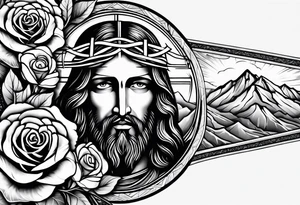 make a forearm sleeve that portraits Jesus Christ cross and mountains with roses tattoo idea