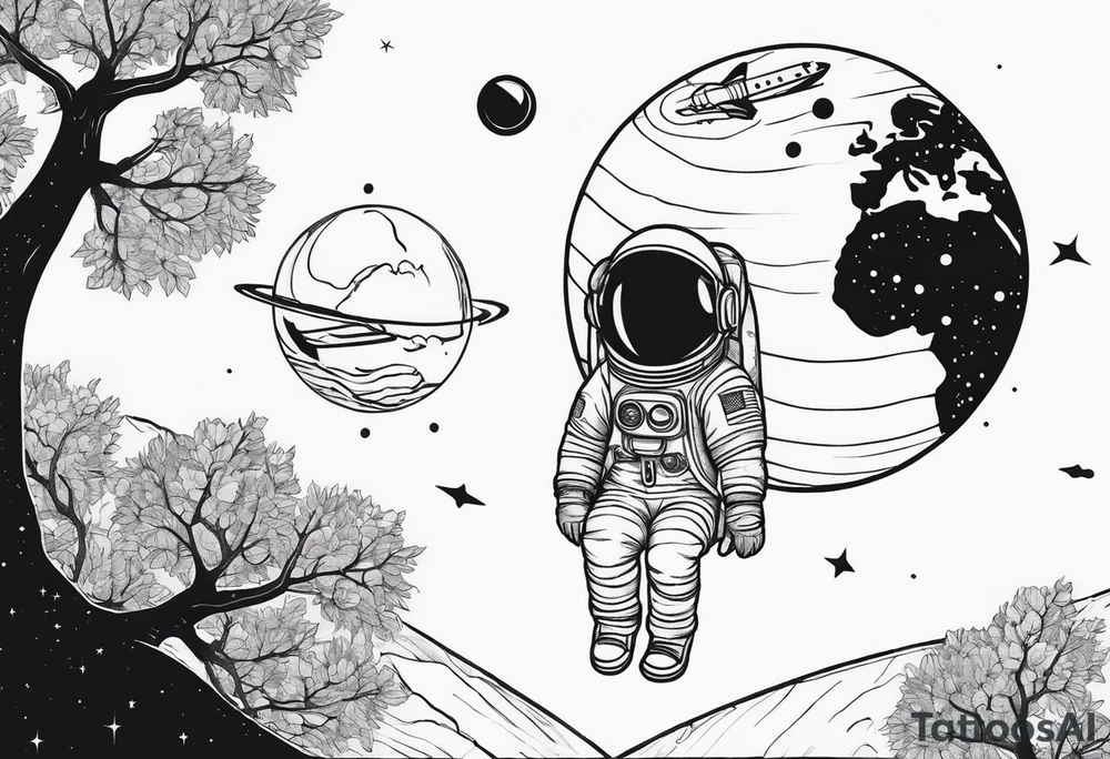 astronaut space suit hand holding a ball and within that ball is the back of a little girl sitting on a tree branch watching a space shuttle launch in the distance tattoo idea