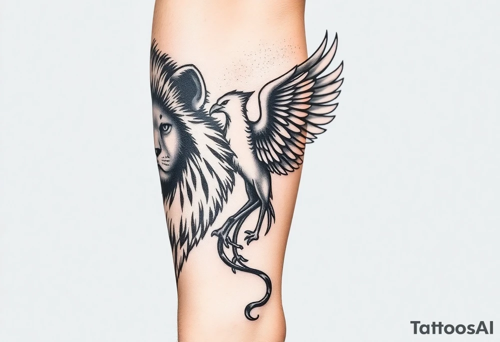 Lion face-on at forearm. phoenix face-on spreading wings evenly and rising from ashes into night sky and Leo zodiac tattoo idea