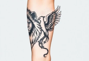 Lion face-on at forearm. phoenix face-on spreading wings evenly and rising from ashes into night sky and Leo zodiac tattoo idea