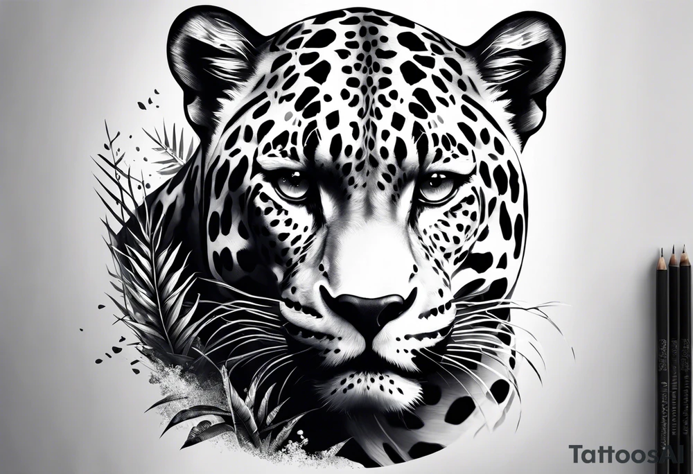 Create and black and grey realistic jaguar walking toward you with rainforest background for a forearm tattoo tattoo idea