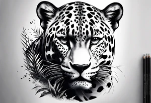 Create and black and grey realistic jaguar walking toward you with rainforest background for a forearm tattoo tattoo idea