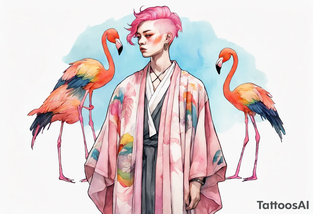 a nonbinary person with pink hair wearing a rainbow medieval robe standing next to a flamingo tattoo idea