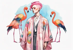 a nonbinary person with pink hair wearing a rainbow medieval robe standing next to a flamingo tattoo idea