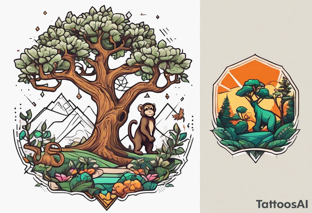 oak tree with cartoon monkey hanging from a branch, dinosaur walking nearby, and grizzly bear walking across the front tattoo idea