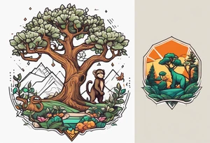 oak tree with cartoon monkey hanging from a branch, dinosaur walking nearby, and grizzly bear walking across the front tattoo idea